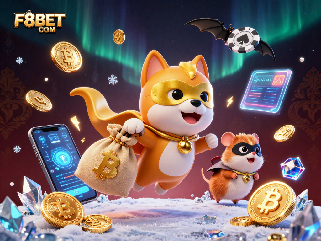 Experience thrilling wins with F8BET COM, a dynamic illustration featuring superheroes in an exciting casino atmosphere.