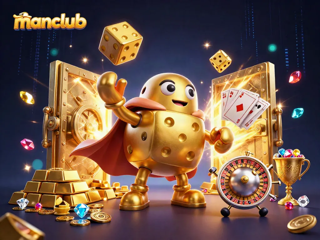 Experience the excitement of manclub as a golden dice golem juggles symbols of riches in a vibrant casino world.