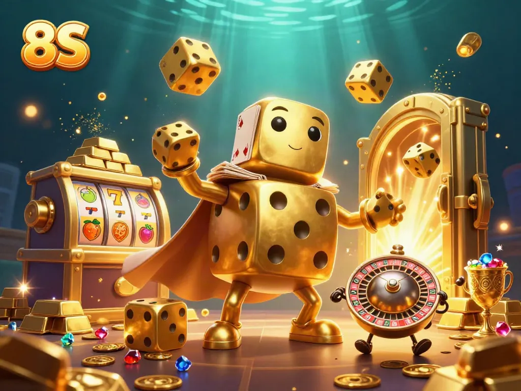 8S themed casino illustration featuring a golden dice golem with vibrant gaming elements.