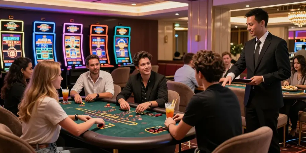 Experience the excitement of usa online casinos with players at engaging gaming tables and vibrant decor.