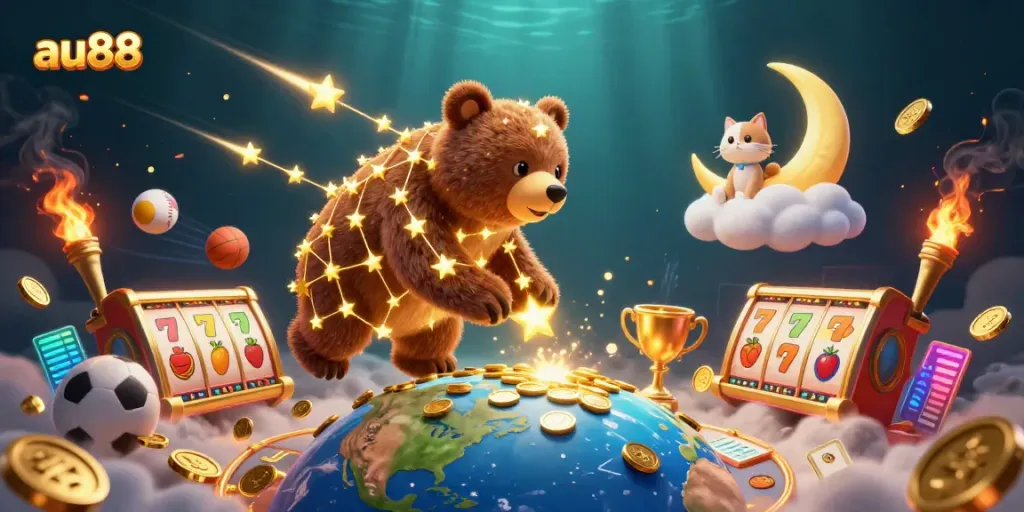 Engage with au88's vibrant casino atmosphere filled with golden coins and dynamic gaming elements.