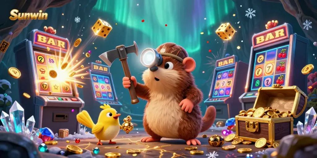 Experience thrilling gameplay with Sunwin's vibrant treasure-themed 3D casino scene, featuring jackpot excitement and engaging characters.