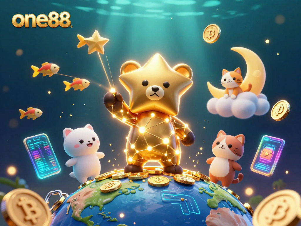 Experience exciting online gaming with one88, featuring vibrant characters and crypto elements in a colorful casino setting.