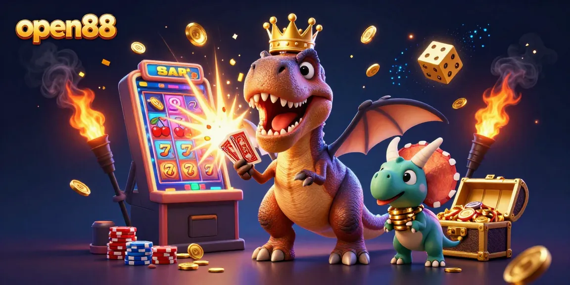 Experience excitement with open88 as T-Rex shuffles casino cards amidst coins and jackpots.
