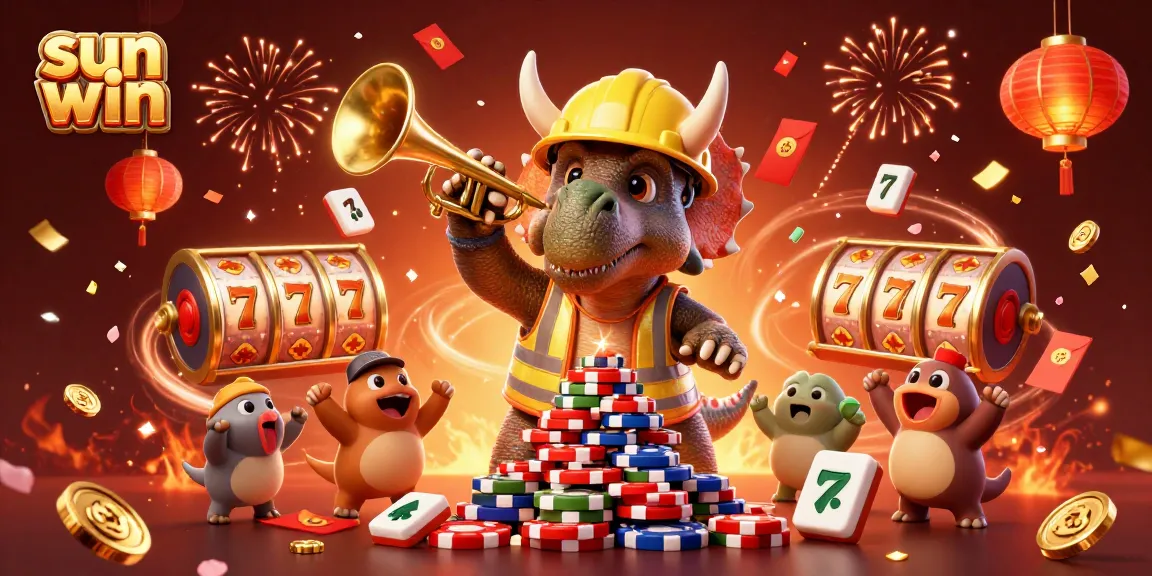 Win exciting rewards with sun win while a triceratops builds poker chips amidst vibrant celebrations.