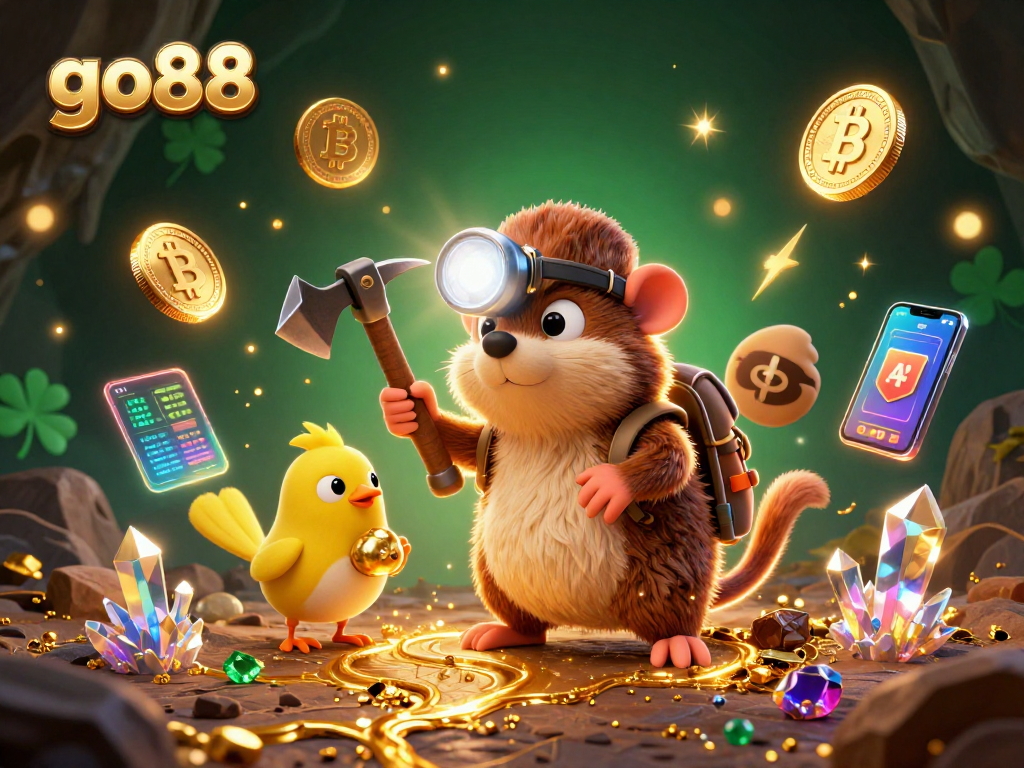 Engage in thrilling crypto mining at go88 with a charming mole and treasures glowing in a vibrant cave.