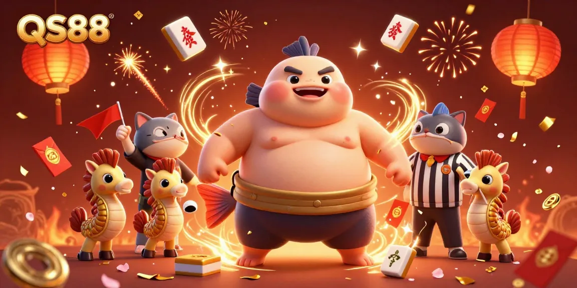 Engage with QS88's lively casino world featuring a fugu in a sumo belt, amid floating mahjong tiles.