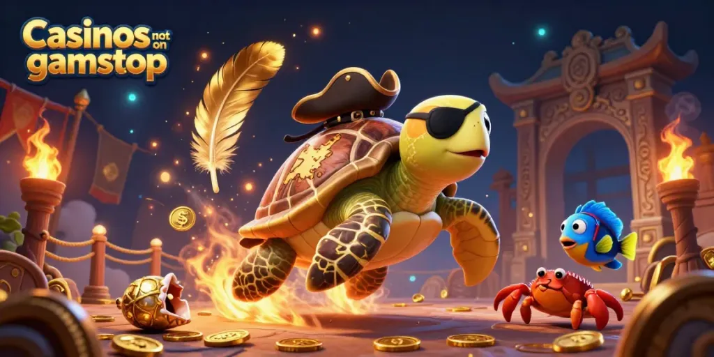 Engage with Casinos not on gamstop featuring a pirate turtle and treasures in an epic gaming scene.