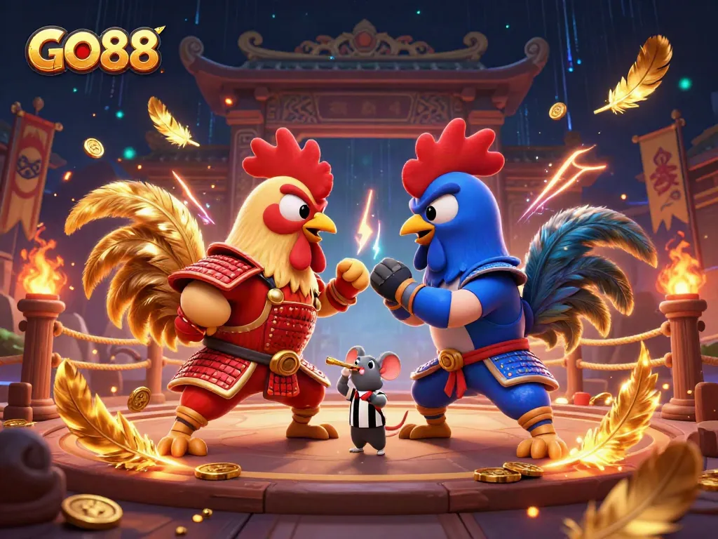 GO88 showcases intense combat of cartoon roosters with golden feathers in an Asian arena.