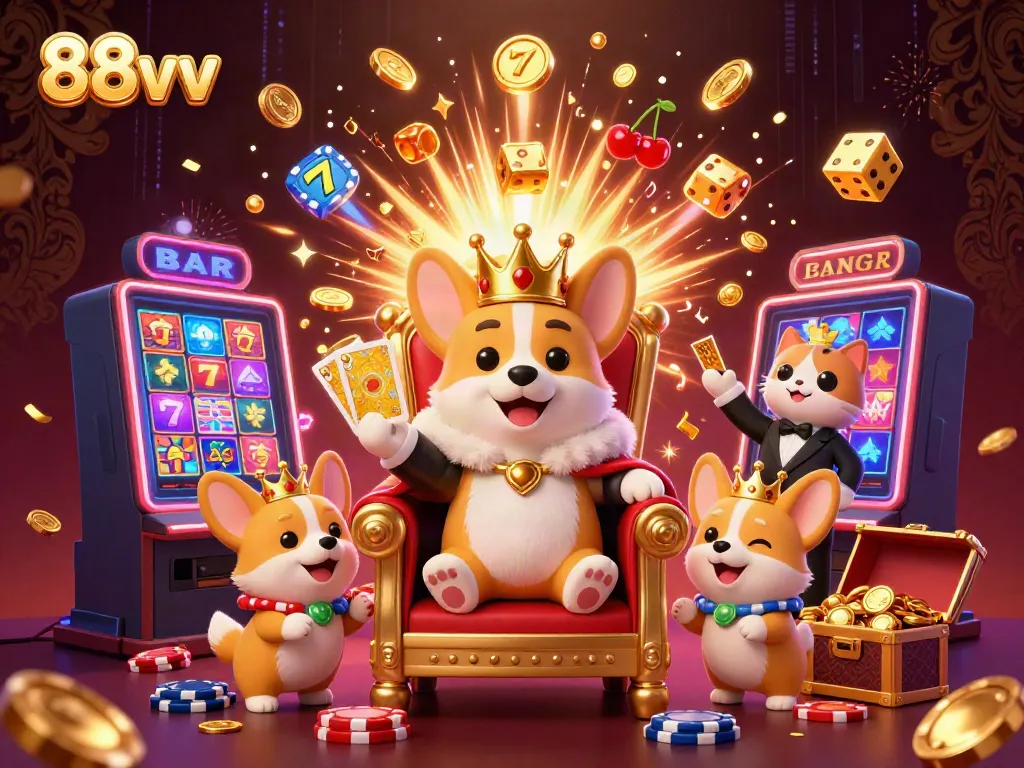 Experience the thrilling world of 88vv with a royal corgi, golden cards, and a jackpot explosion!