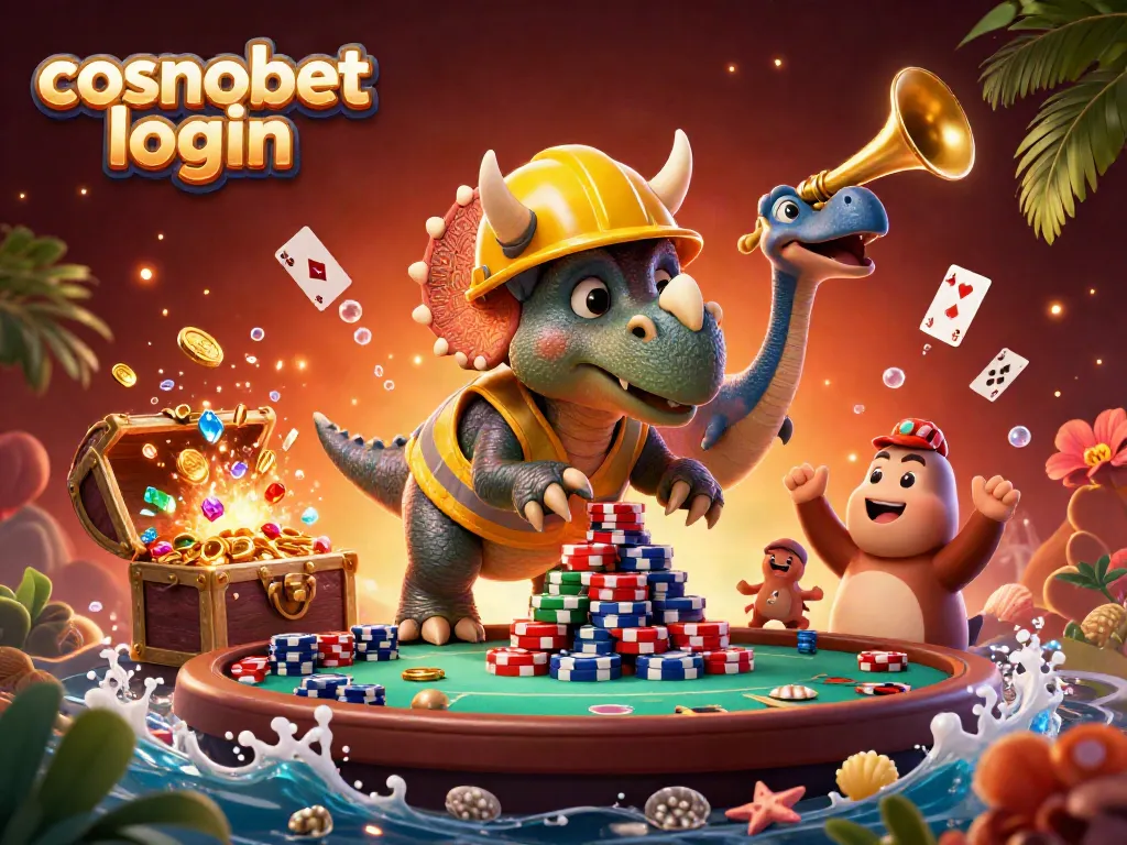 Play with excitement at cosmobet login, where a triceratops builds a poker chip pyramid!