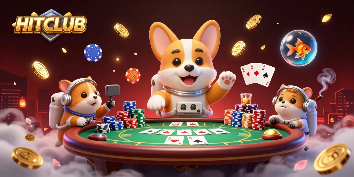 Join the excitement at HITCLUB, featuring a charismatic astronaut corgi surrounded by lively poker elements in a captivating casino setting.