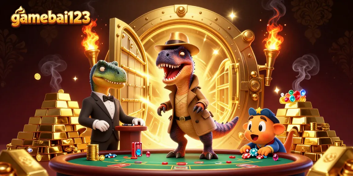 Experience gamebai123 with a velociraptor at a blackjack table, surrounded by treasures.