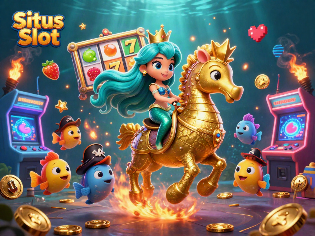 Experience the thrill of Situs Slot in a dynamic underwater scene with colorful characters and vibrant casino elements.
