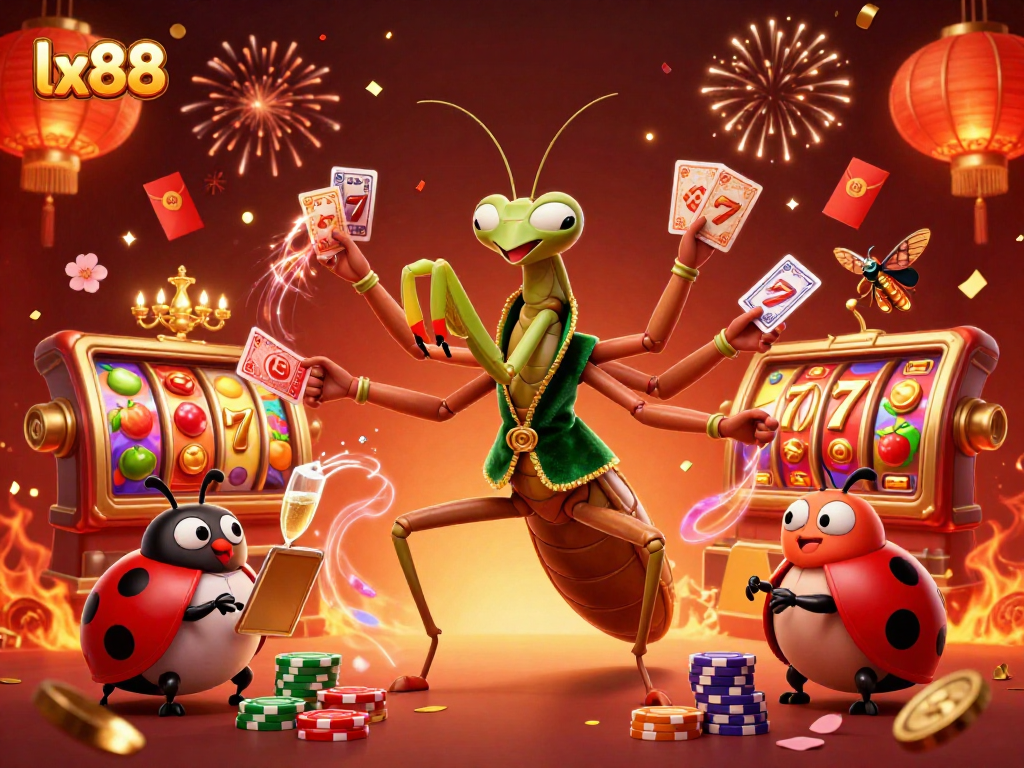 Experience thrill at lx88 with a giant mantis dealer and vibrant slot games in a festive casino scene.