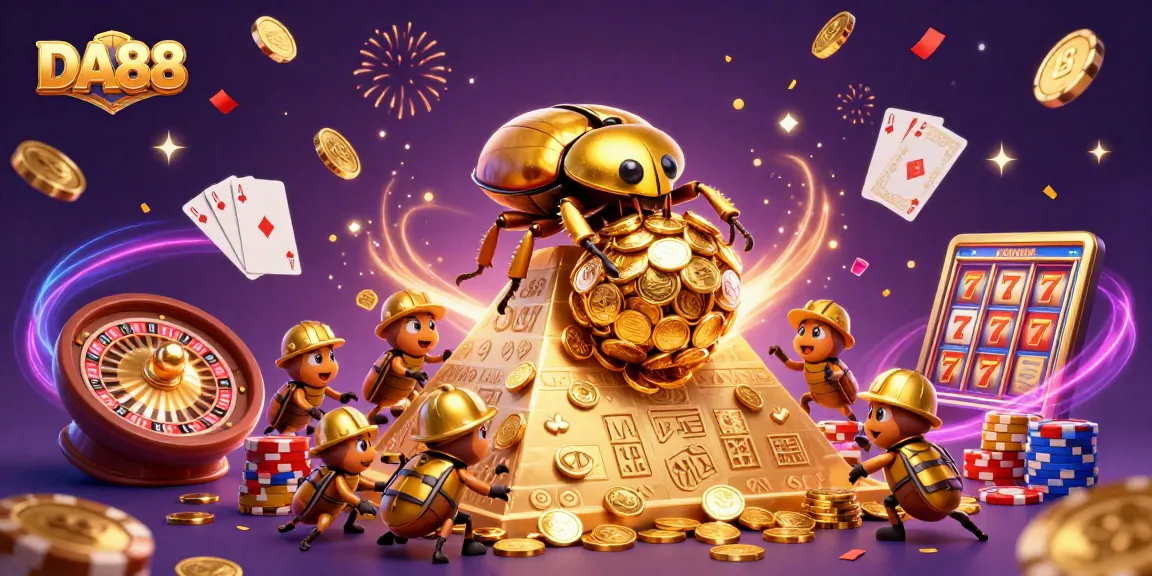 Experience the DA88 magic with golden beetles and casino symbols in a vibrant 3D scene.