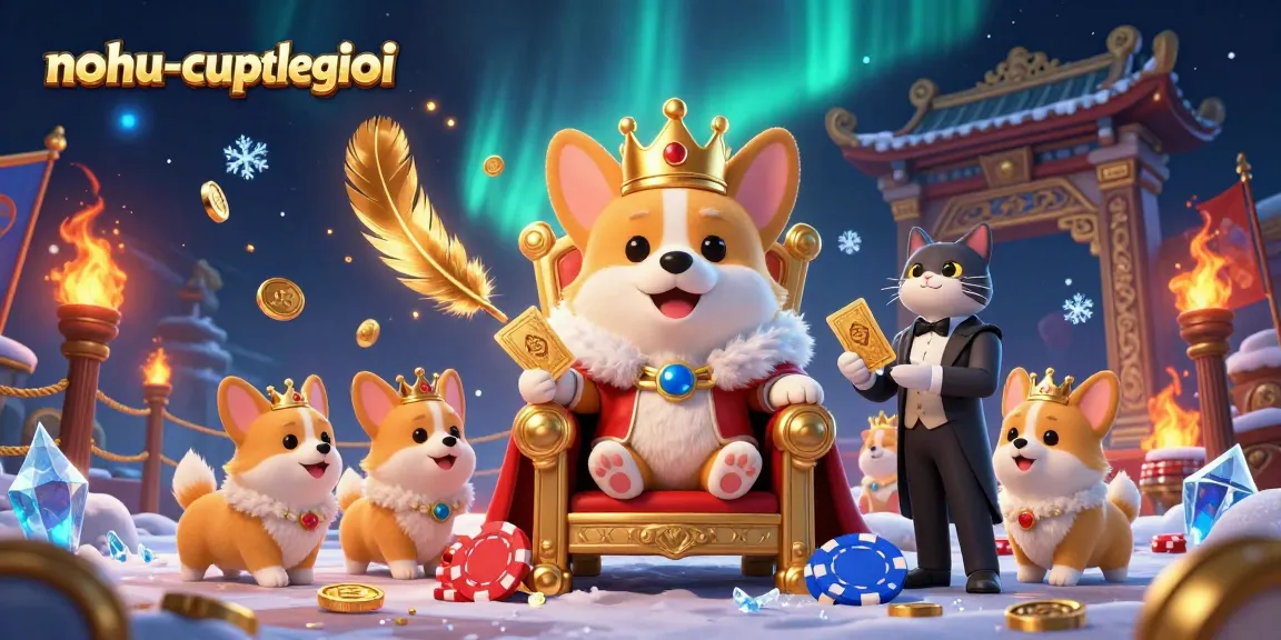 Nohu-cupthegioi showcases an energetic royal corgi surrounded by 3D casino elements instilling excitement and winning potential.