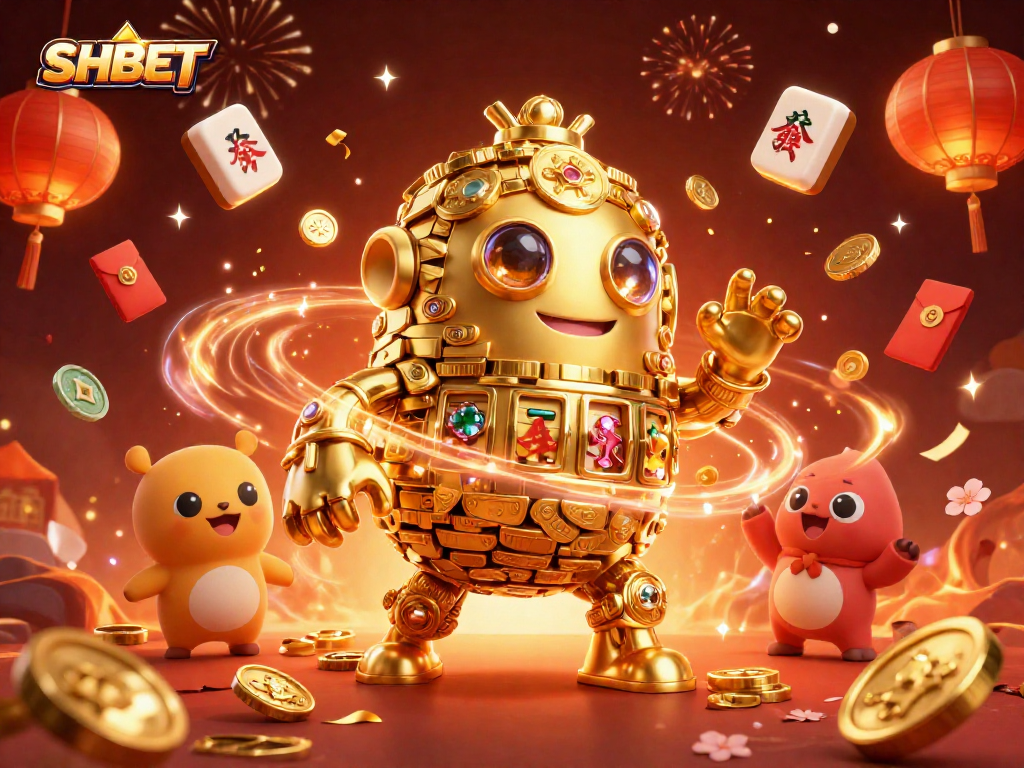 Experience the thrilling world of SHBET with vibrant casino elements and a golden golem character.