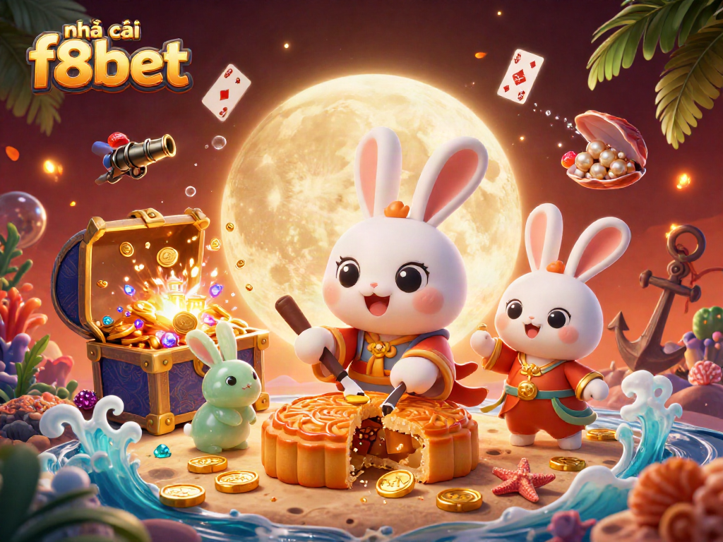 Engage with nhà cái f8bet as the moon rabbit reveals poker chips from golden mooncakes on a lunar stage.