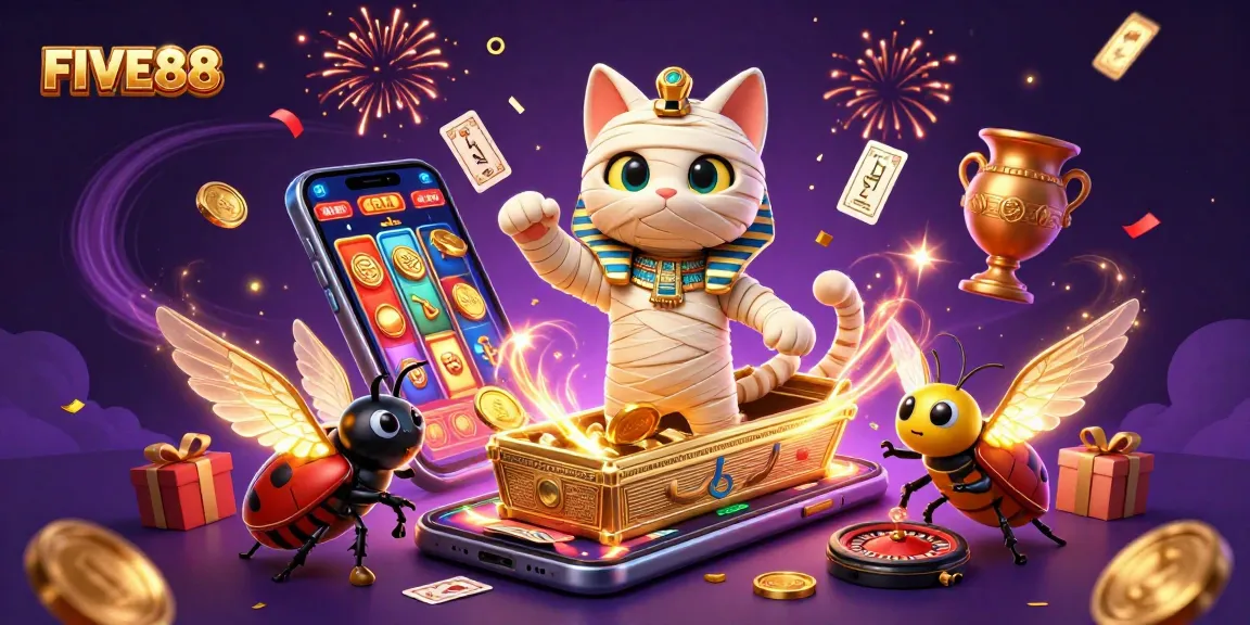 Experience the excitement of FIVE88 with vibrant casino action featuring a mummy cat and scarab beetle.