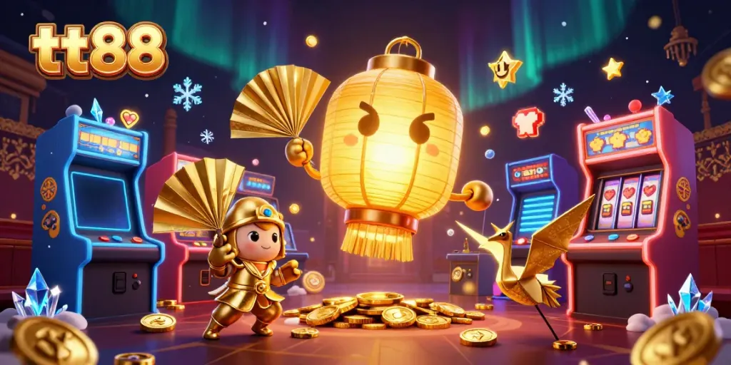 Experience winning moments at tt88 with vibrant casino symbols and characters in a dynamic digital illustration.