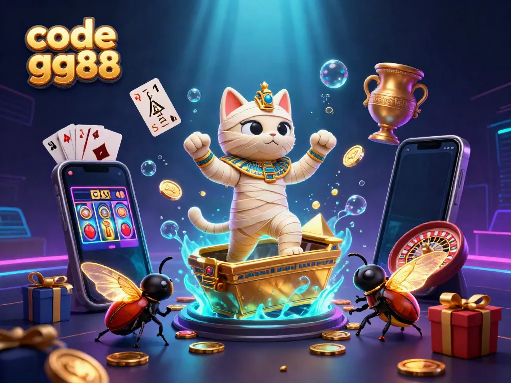 Experience game excitement with code gg88 through an illustrated scene of a mummy cat and casino elements.