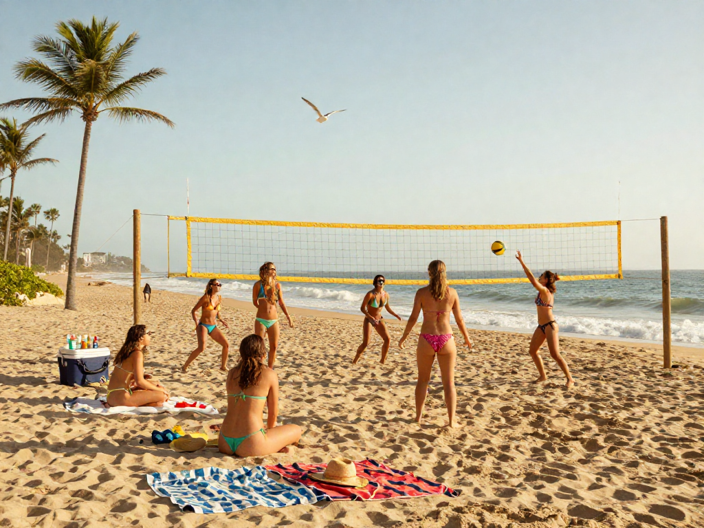 Friends in colorful BIKINISLOT enjoying beach volleyball under golden hour sun