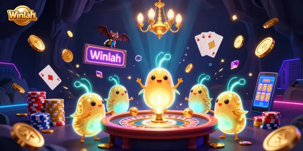 Winlah casino illustration with glowworms at a vibrant cave casino, showcasing games and lights.