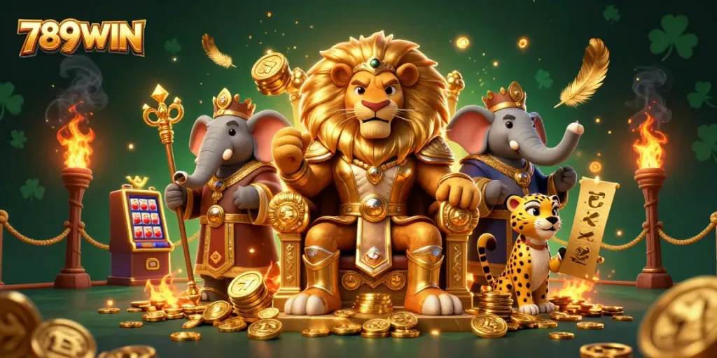 Engaging 789WIN scene featuring a lion king, elephant advisor, and cheetah messenger with dynamic gaming elements.