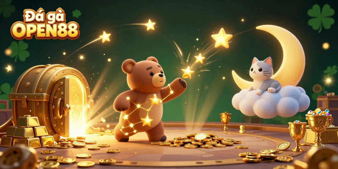 Engage in thrilling combat at Đá gà OPEN88 with a vibrant illustration of a fighting arena brimming with golden treasures and excitement.