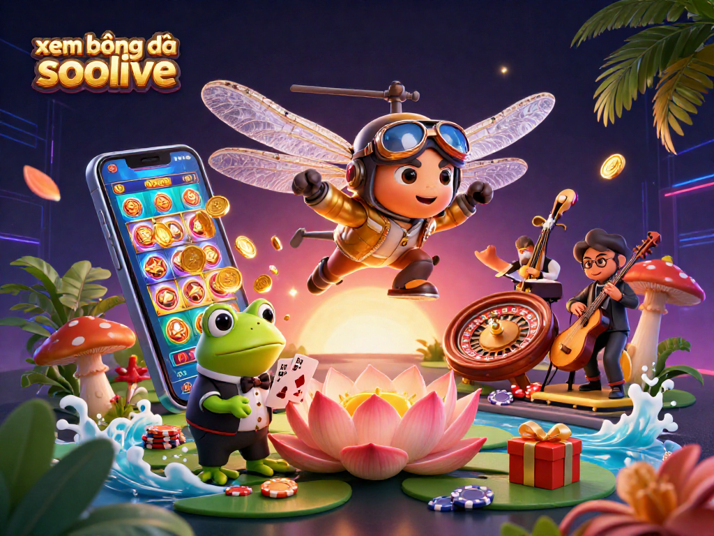 Xem bóng đá socolive experience with engaging characters and casino-themed elements in a vibrant scene