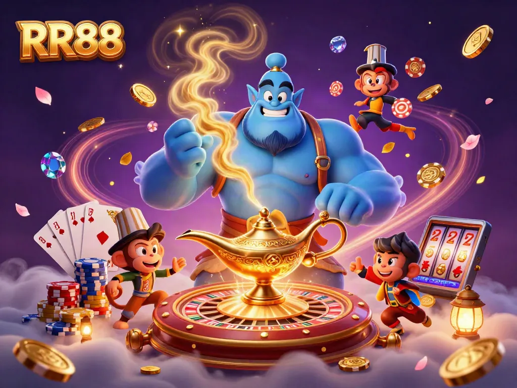 Experience the excitement of RR88 with a vibrant casino scene featuring dynamic gaming elements and rich colors.