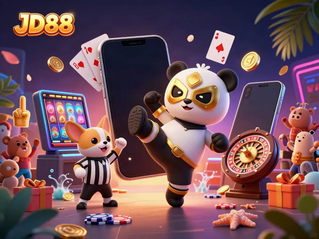Experience the thrilling world of JD88 with a lively scene featuring a wrestling panda and casino elements.