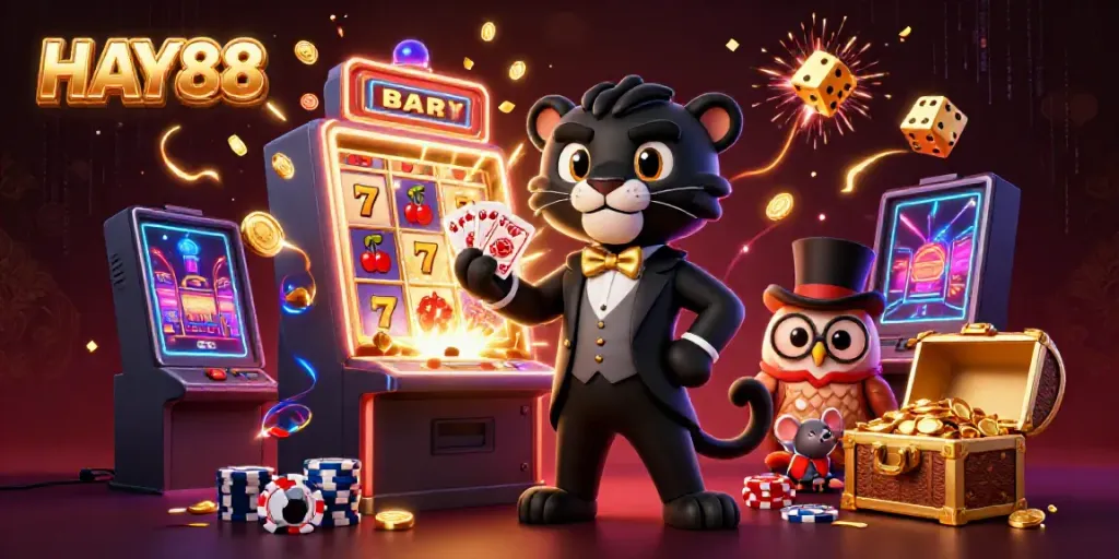 HAY88 players enjoy casino games with a stylish panther dealer, thrilling dice, and vibrant slot machine.