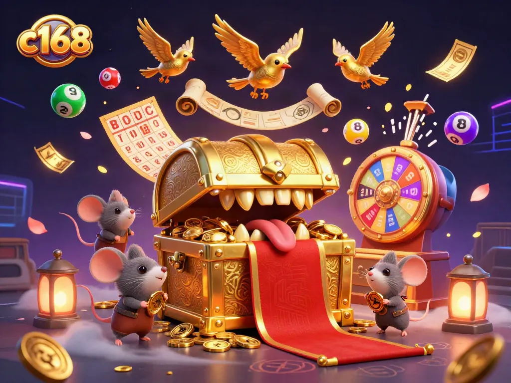 Engage with the dynamic c168 treasure chest scene, where adventurer mice are lured by riches and vibrant lottery elements.