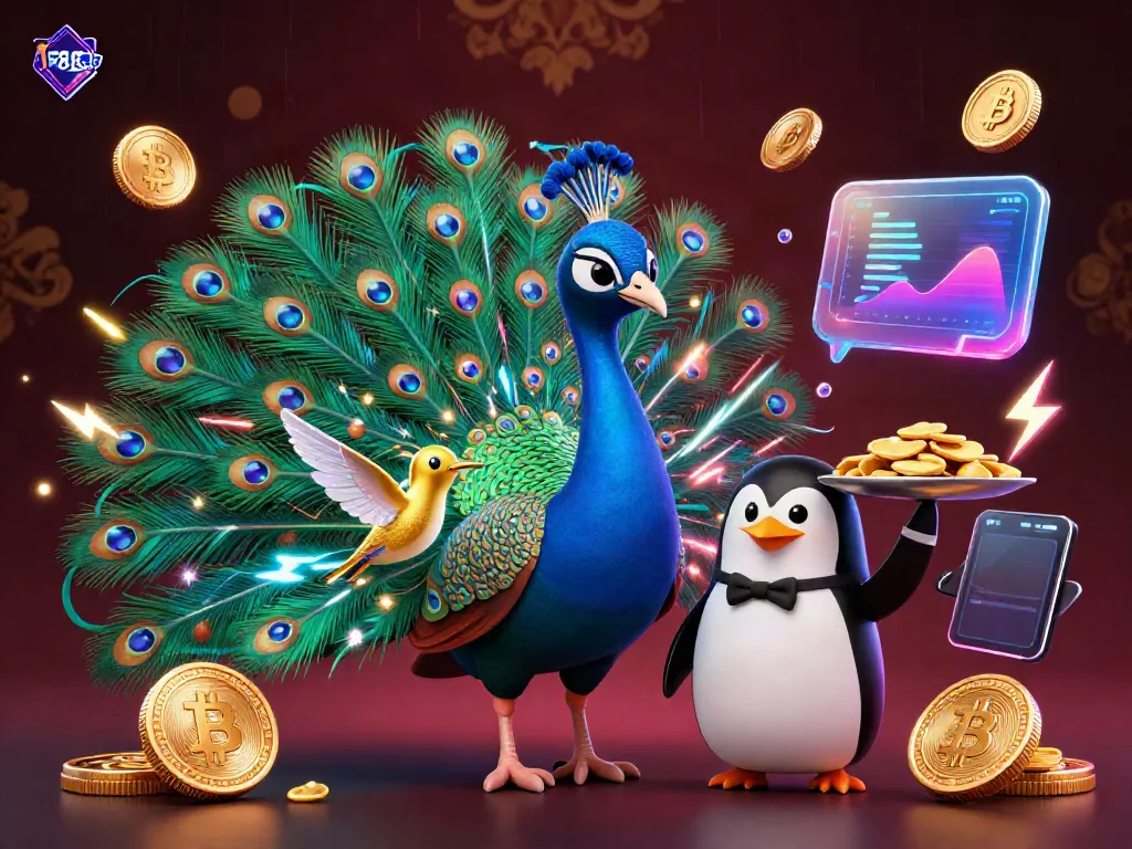 Experience the vibrant atmosphere of F8bet showcasing a luxury casino digital illustration featuring a peacock and a penguin.