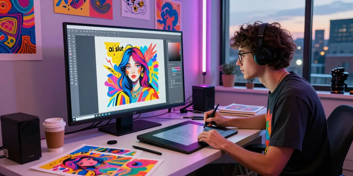 Creative workspace featuring artist generating vibrant AI "ai slut" artwork on touchscreen, surrounded by colorful prints and tools