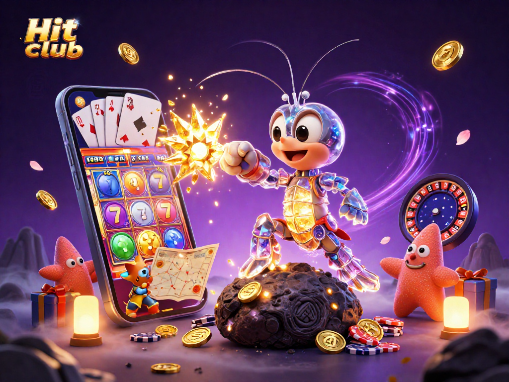 Hit club themed illustration showcasing a vibrant casino scene with a mantis shrimp and starfish.