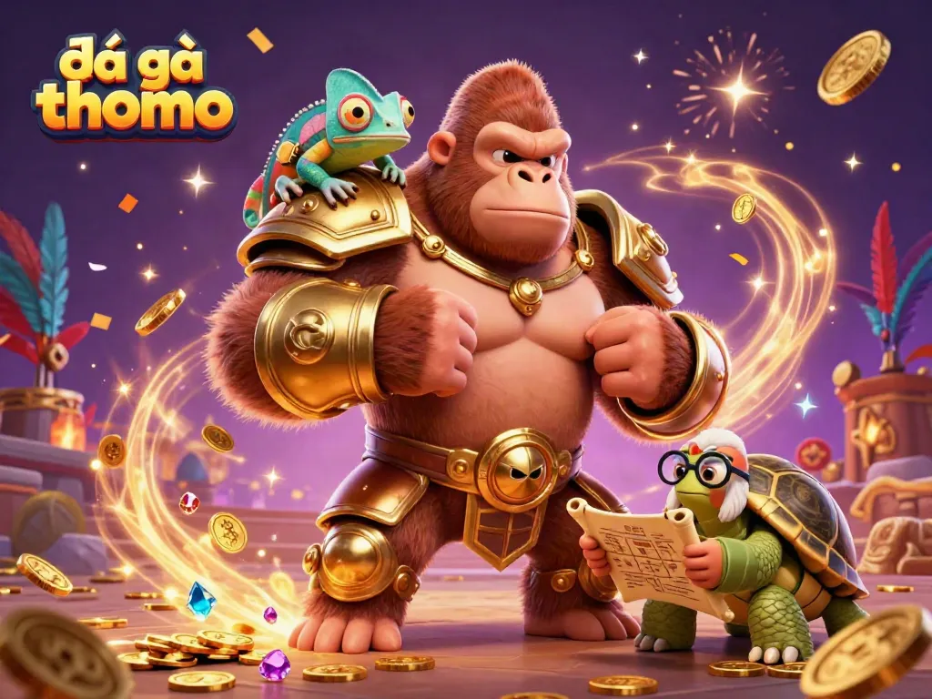 Engage with đá gà thomo where a mighty gorilla king and his companions celebrate amidst gems and gold.