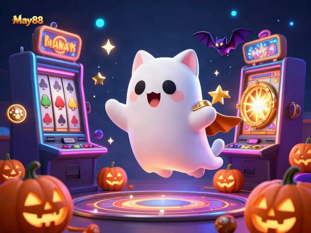 Experience May88 casino excitement with a playful ghost cat and vampire bat in a vibrant, treasure-filled scene.