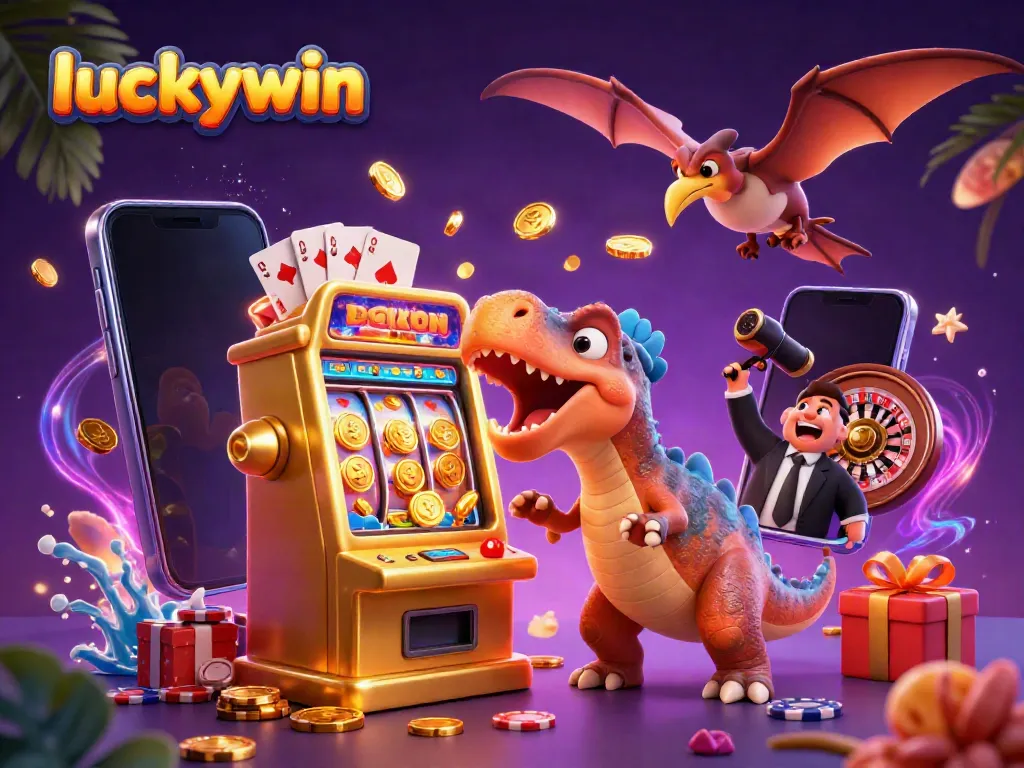 Experience the excitement of Luckywin casino with a dynamic 3D cartoon illustration showcasing jackpot moments.