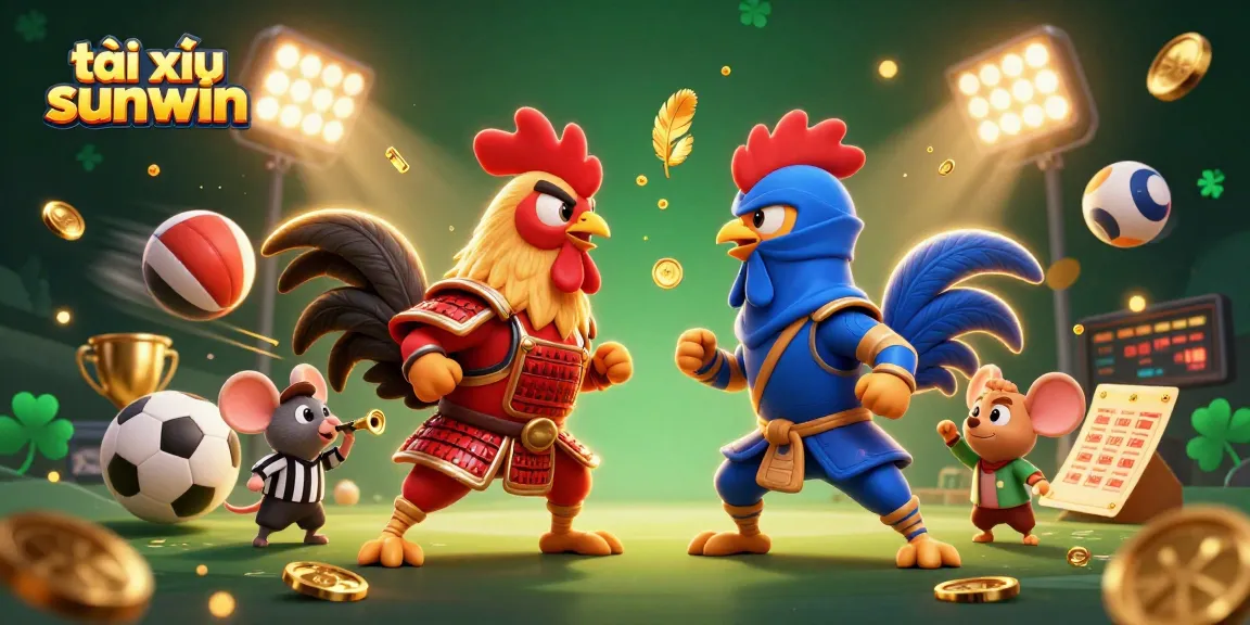 A dynamic array showcasing tài xỉu sunwin's thrilling gameplay with roosters and vibrant sports elements.