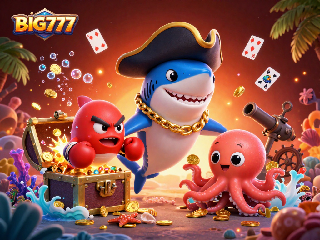 Engage in thrilling gameplay with BIG777 as a cartoon pirate shark and friends discover treasure in a vibrant underwater scene.