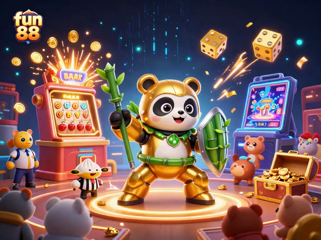 Experience thrilling fun 88 action with a mech-suit panda amidst vibrant casino elements!