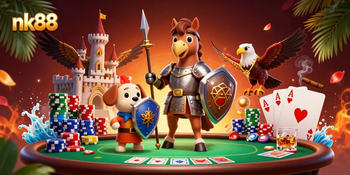 nk88 poker scene with medieval knight, squire, and falcon amidst vibrant casino elements