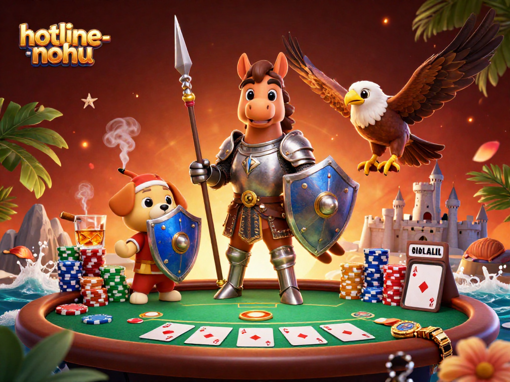 Engage in thrilling bets with the hotline-nohu poker scene showcasing chips, cards, and dynamic knights.