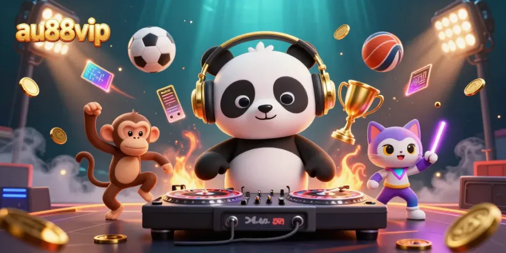 Experience the vibrant energy of au88vip with a DJ panda, breakdancing monkey, and glowing kitten in a high-stakes casino scene.