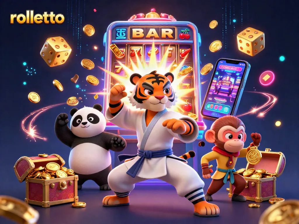 Experience the excitement of rolletto with dynamic slot machines and playful characters in a thrilling casino scene.