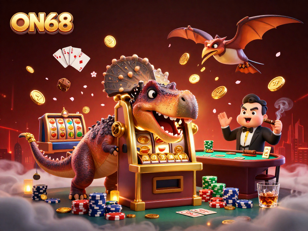 Join the excitement at ON68 as dinosaurs collide with casino jackpots in this thrilling gambling scene.