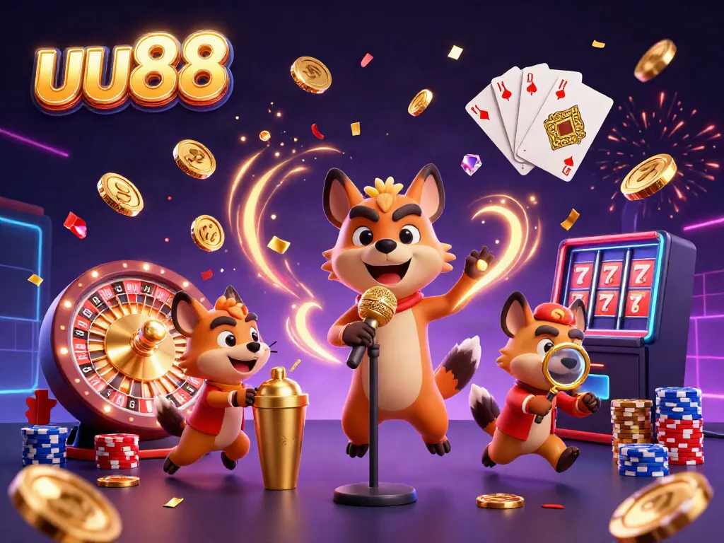 Join the fun at uu88's comedy casino club with lively hyenas, cascading coins, and vibrant poker action.